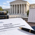 Form I-485, calendar, clock, and federal courthouse representing a delayed adjustment of status mandamus case