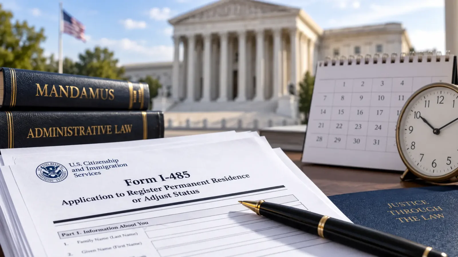 Form I-485, calendar, clock, and federal courthouse representing a delayed adjustment of status mandamus case