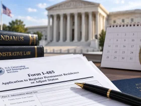 Form I-485, calendar, clock, and federal courthouse representing a delayed adjustment of status mandamus case