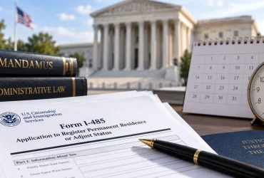 Form I-485, calendar, clock, and federal courthouse representing a delayed adjustment of status mandamus case