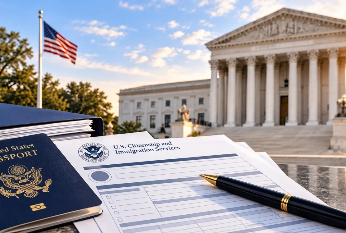 Immigration paperwork and federal courthouse representing a USCIS mandamus lawsuit