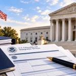 Immigration paperwork and federal courthouse representing a USCIS mandamus lawsuit