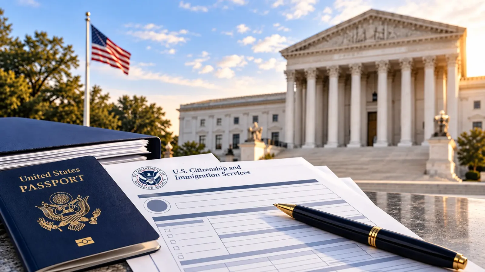 Immigration paperwork and federal courthouse representing a USCIS mandamus lawsuit