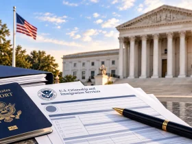 Immigration paperwork and federal courthouse representing a USCIS mandamus lawsuit