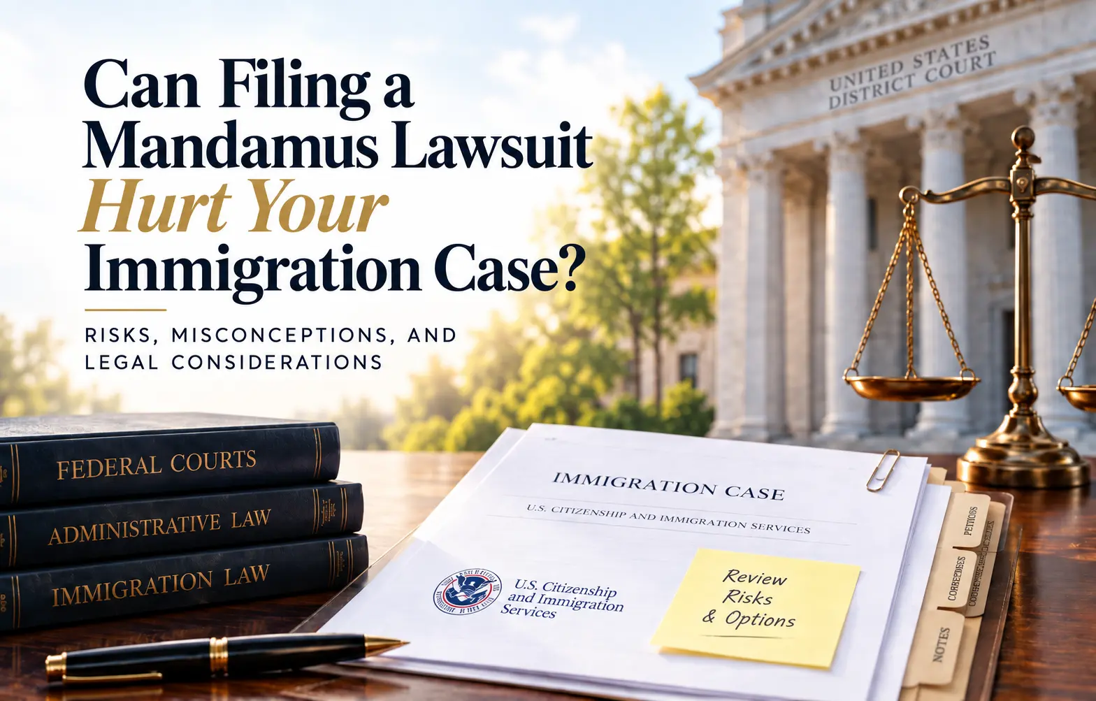 Federal courthouse, scales of justice, immigration case file, and legal books representing the risks and considerations of filing a mandamus lawsuit