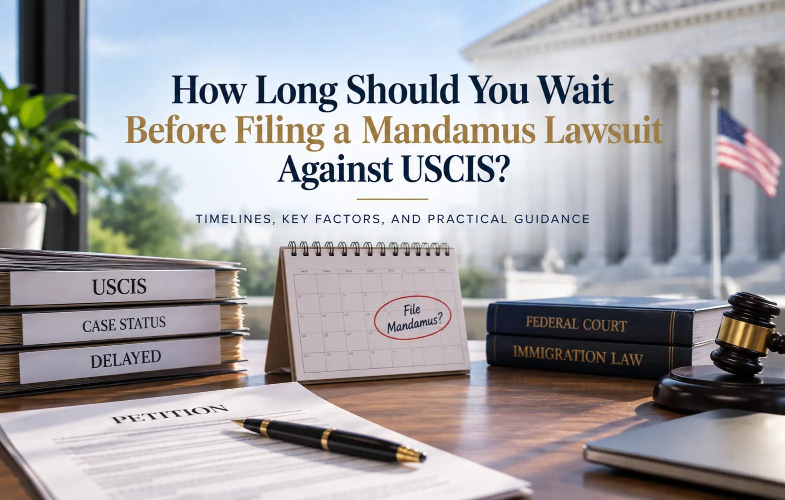USCIS delay folders, calendar, federal court books, gavel, and petition representing how long to wait before filing a mandamus lawsuit