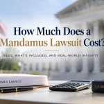 Federal courthouse, scales of justice, calculator, immigration law book, and mandamus lawsuit documents representing the cost of filing a mandamus lawsuit