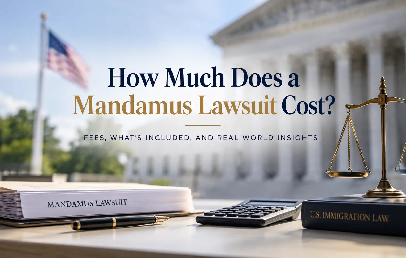 Federal courthouse, scales of justice, calculator, immigration law book, and mandamus lawsuit documents representing the cost of filing a mandamus lawsuit