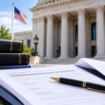 Federal courthouse, legal documents, and law books illustrating an I-130 approval following a mandamus lawsuit.