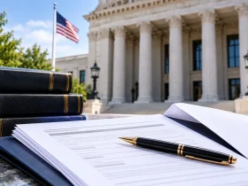 Federal courthouse, legal documents, and law books illustrating an I-130 approval following a mandamus lawsuit.