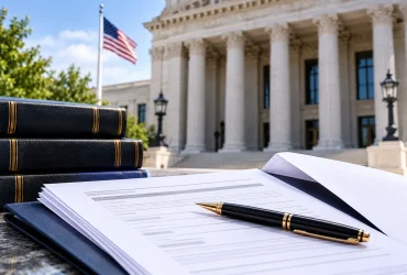 Federal courthouse, legal documents, and law books illustrating an I-130 approval following a mandamus lawsuit.