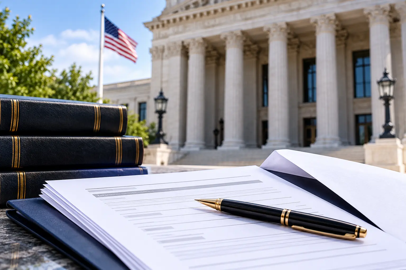 Federal courthouse, legal documents, and law books illustrating an I-130 approval following a mandamus lawsuit.