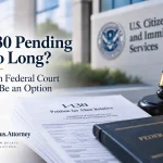 I-130 petition documents, federal court book, and gavel representing a delayed I-130 case and possible mandamus lawsuit