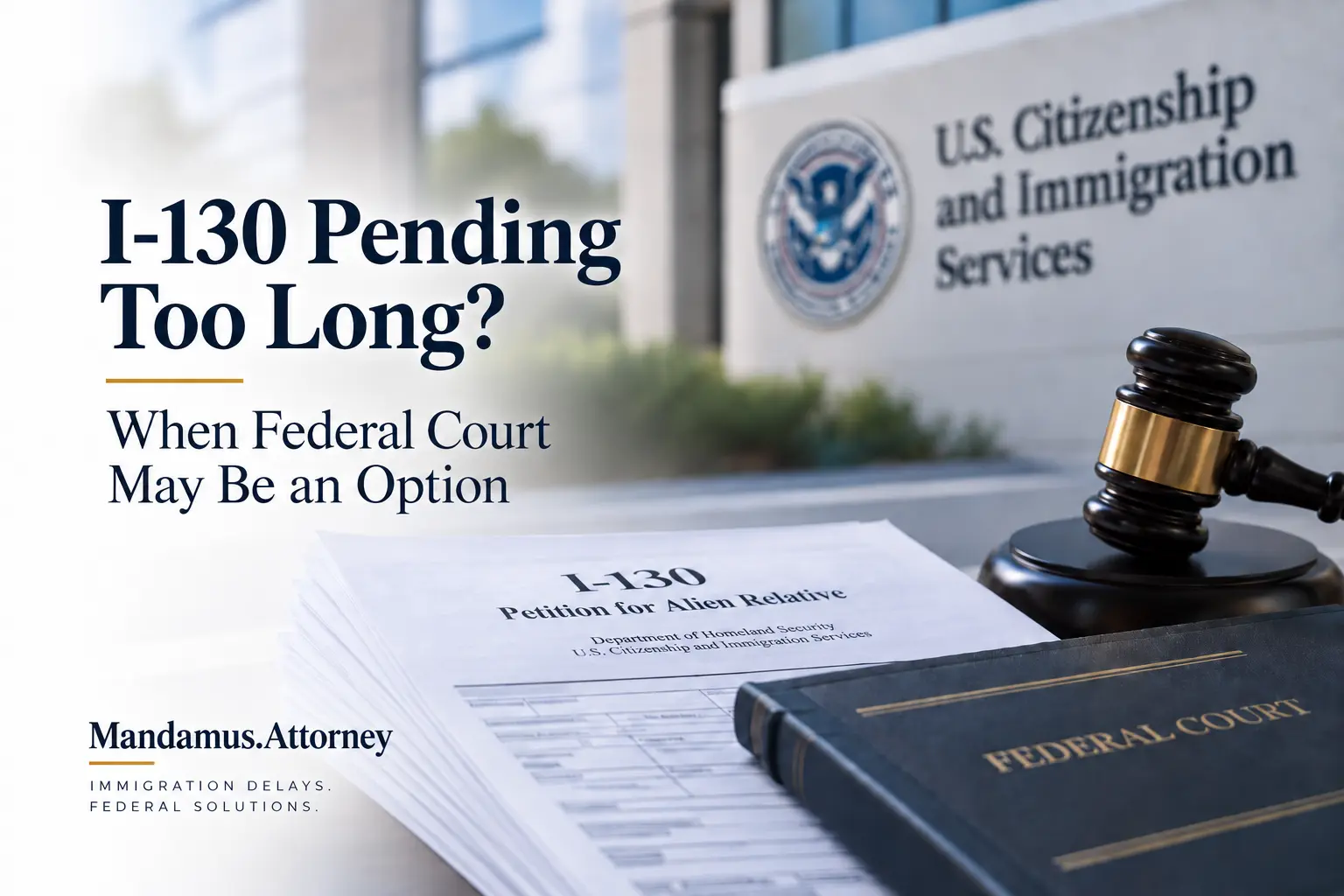 I-130 petition documents, federal court book, and gavel representing a delayed I-130 case and possible mandamus lawsuit
