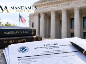 Federal courthouse, immigration law books, Form I-485, and Mandamus Attorney logo representing an I-485 approval after a mandamus lawsuit