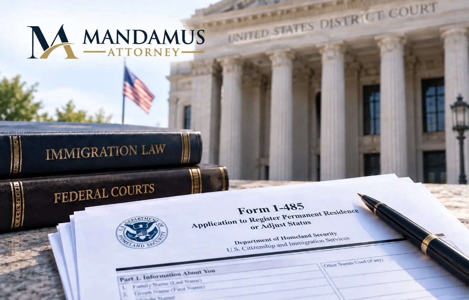 Federal courthouse, immigration law books, Form I-485, and Mandamus Attorney logo representing an I-485 approval after a mandamus lawsuit