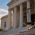 Federal courthouse and scales of justice representing an I-730 delay lawsuit and mandamus action against USCIS.