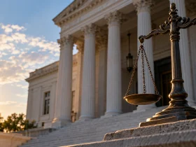 Federal courthouse and scales of justice representing an I-730 delay lawsuit and mandamus action against USCIS.