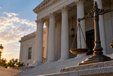 Federal courthouse and scales of justice representing an I-730 delay lawsuit and mandamus action against USCIS.