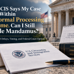 USCIS documents, federal courthouse, hourglass, and immigration law books representing a case within normal processing time and a possible mandamus lawsuit