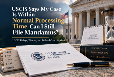 USCIS documents, federal courthouse, hourglass, and immigration law books representing a case within normal processing time and a possible mandamus lawsuit