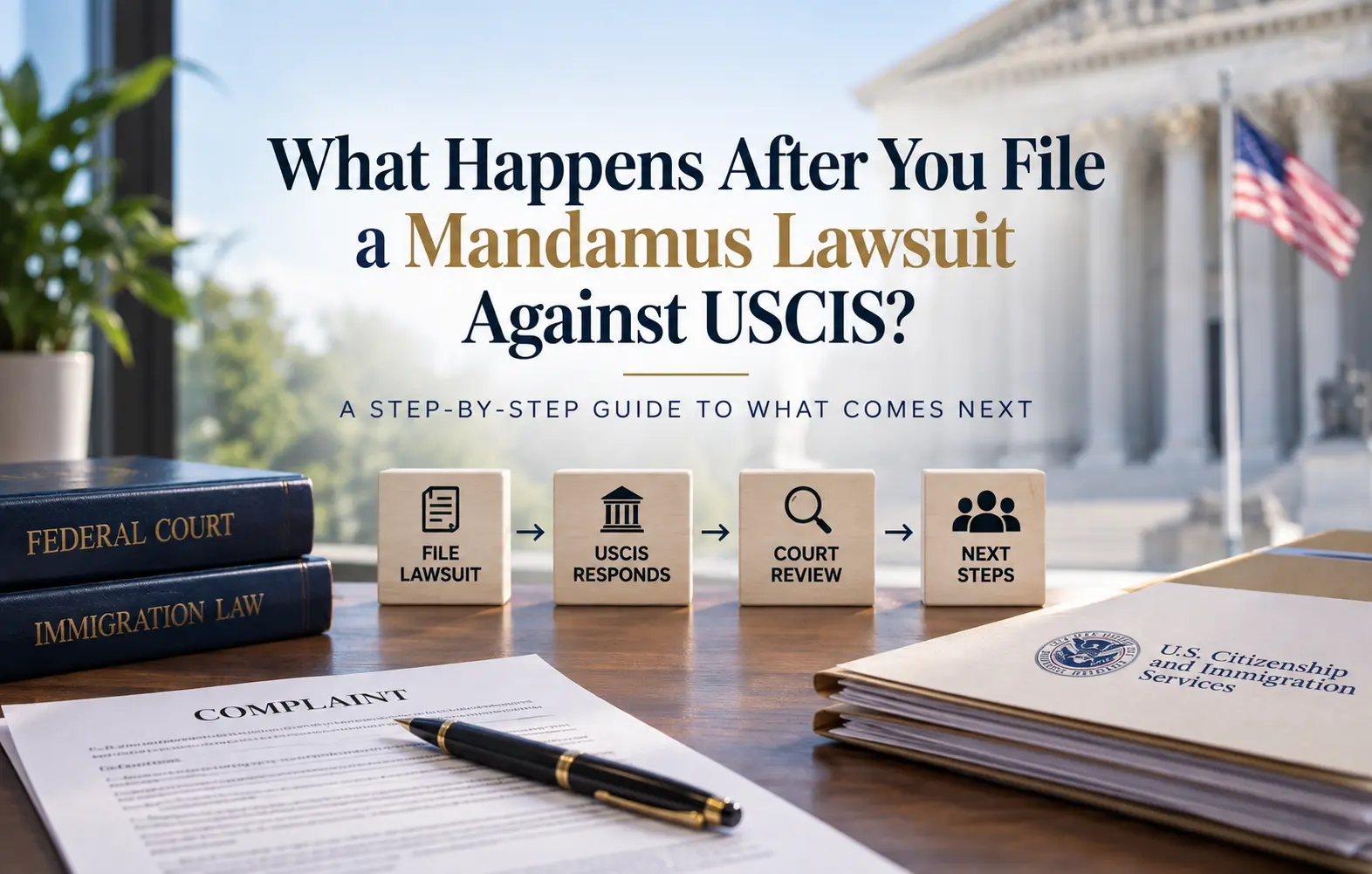 Federal courthouse, USCIS files, complaint document, and step-by-step timeline showing what happens after filing a mandamus lawsuit